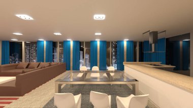 Gece görüşlü oturma ve yemek odasının 3 boyutlu görüntüsü