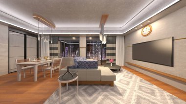 Gece görüşlü oturma ve yemek odasının 3 boyutlu görüntüsü