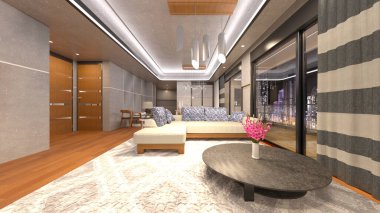 Gece görüşlü oturma ve yemek odasının 3 boyutlu görüntüsü