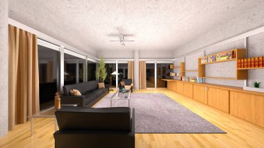 Büyük pencereli oturma odasının 3B görüntüsü