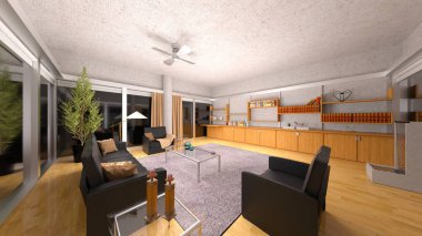 Büyük pencereli oturma odasının 3B görüntüsü