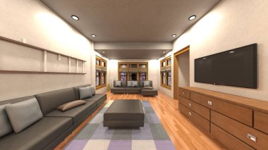 Oturma odasının gece görüşlü 3D görüntüsü