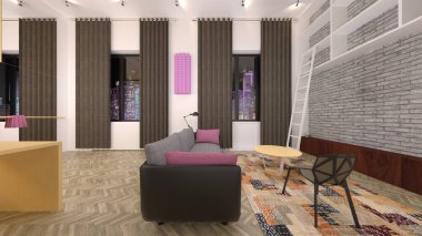 Oturma odasının gece görüşlü 3D görüntüsü