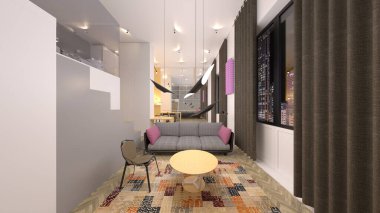 Oturma odasının gece görüşlü 3D görüntüsü