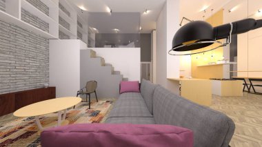 Oturma odasının gece görüşlü 3D görüntüsü