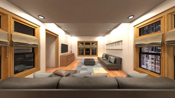 Rendering Living Room Night View — Foto Stock