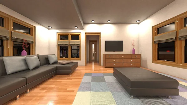 带夜景的客厅3D渲染 — 图库照片