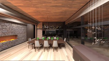 Yemek odasının şömineli 3D görüntüsü.