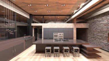 Yemek odasının şömineli 3D görüntüsü.