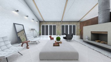 Oturma odasının şömineli 3D görüntüsü.