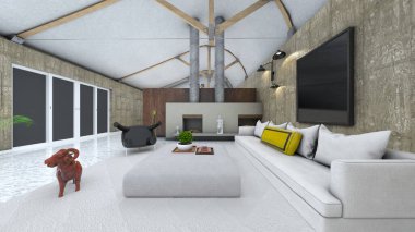 Oturma odasının şömineli 3D görüntüsü.