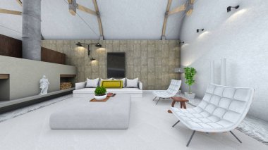 Oturma odasının şömineli 3D görüntüsü.