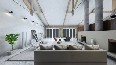 Oturma odasının şömineli 3D görüntüsü.