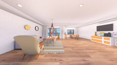 Oturma odasının deniz manzaralı 3D görüntüsü