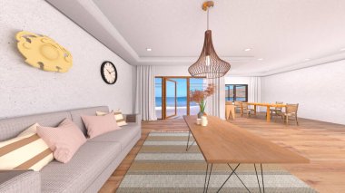 Oturma odasının deniz manzaralı 3D görüntüsü