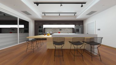Oturma odası ve yemek mutfağının 3 boyutlu canlandırması