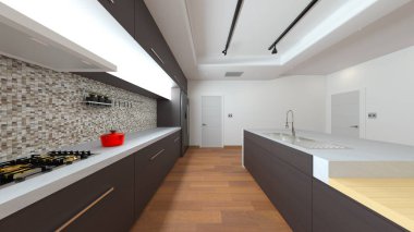 Oturma odası ve yemek mutfağının 3 boyutlu canlandırması