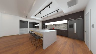 Oturma odası ve yemek mutfağının 3 boyutlu canlandırması