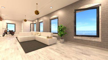 Oturma odasının ve yemek odasının deniz manzaralı 3D görüntüsü.