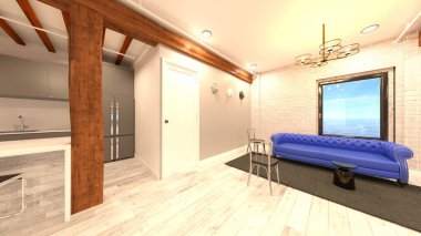 Oturma odasının ve yemek odasının deniz manzaralı 3D görüntüsü.