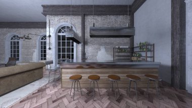 Loş yemek odasının 3 boyutlu görüntüsü