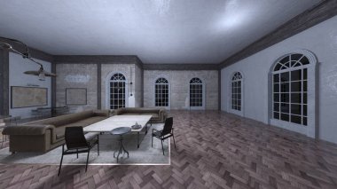 Loş yemek odasının 3 boyutlu görüntüsü