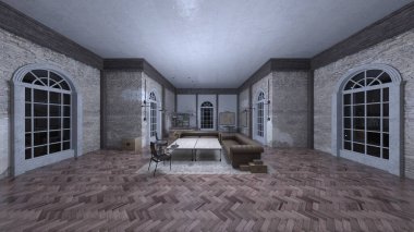 Loş yemek odasının 3 boyutlu görüntüsü
