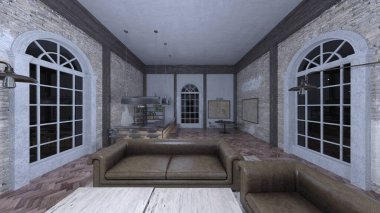 Loş yemek odasının 3 boyutlu görüntüsü