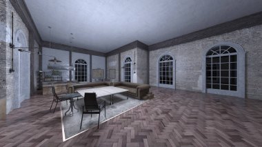 Loş yemek odasının 3 boyutlu görüntüsü