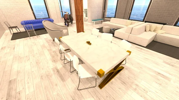 有海景的客厅和餐厅的3D渲染 — 图库照片