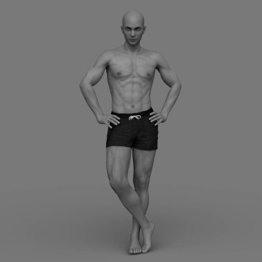 Yarı pantolonlu bir adamın 3 boyutlu görüntüsü.