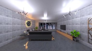 Oturma odasının gece görüşlü 3D görüntüsü