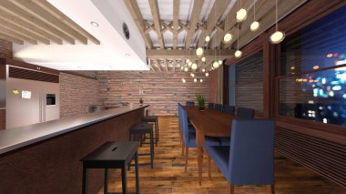 Yemek odasının gece görüşlü 3D görüntüsü.