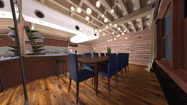 Yemek odasının gece görüşlü 3D görüntüsü.