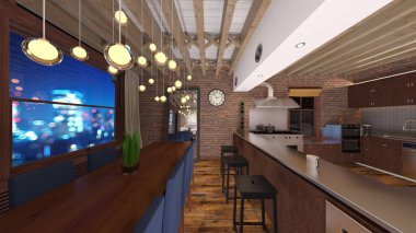 Yemek odasının gece görüşlü 3D görüntüsü.