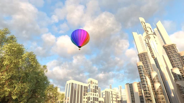 Rendering Modern Skyscraper Hot Air Balloon — стоковое фото