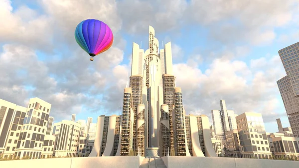 Rendering Den Moderna Skyskrapan Och Varmluftsballongen — Stockfoto