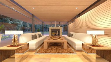 Oturma odasının şömineli 3D görüntüsü.