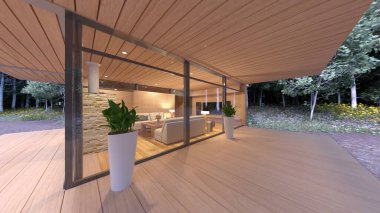 Oturma odasının şömineli 3D görüntüsü.