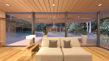 Oturma odasının şömineli 3D görüntüsü.