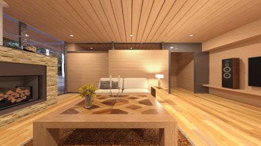 Oturma odasının şömineli 3D görüntüsü.