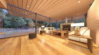 Oturma odasının şömineli 3D görüntüsü.