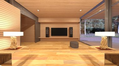 Oturma odasının şömineli 3D görüntüsü.