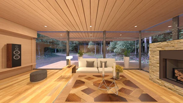 Oturma odasının şömineli 3D görüntüsü.