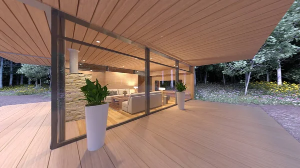 Oturma odasının şömineli 3D görüntüsü.