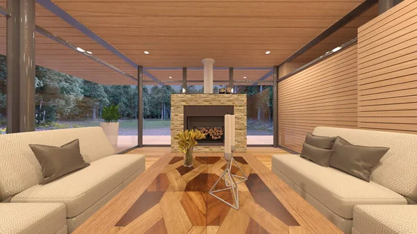 Oturma odasının şömineli 3D görüntüsü.