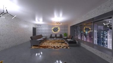 Oturma odasının gece görüşlü 3D görüntüsü