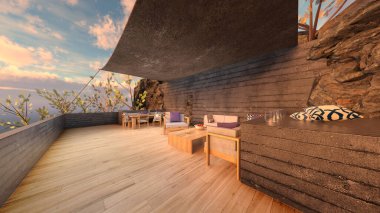 Taş duvar terasının 3D görüntüsü