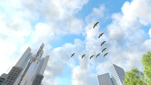 Rendering Modern Skyscraper Migratory Birds — Photo