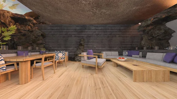 Taş duvar terasının 3D görüntüsü